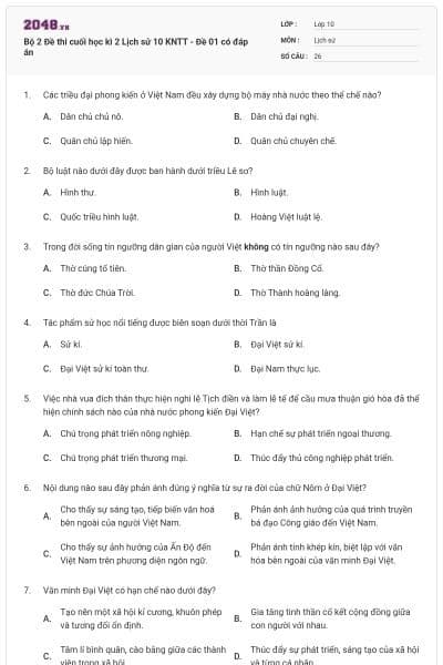 Bộ 2 Đề thi cuối học kì 2 Lịch sử 10 KNTT - Đề 01 có đáp án