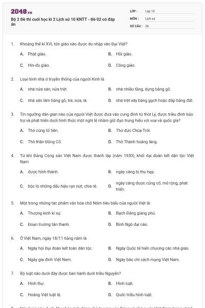 Bộ 2 Đề thi cuối học kì 2 Lịch sử 10 KNTT - Đề 02 có đáp án