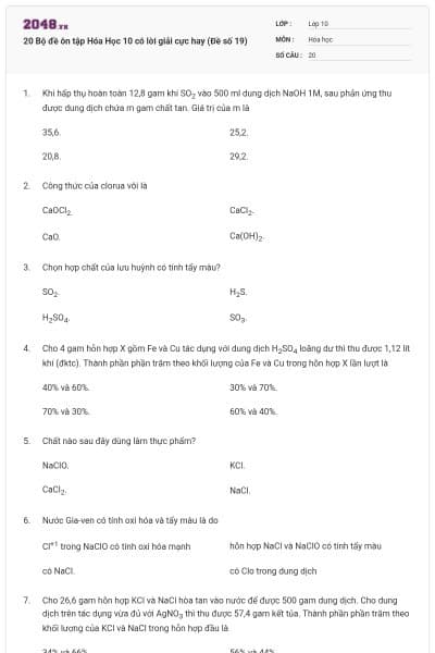 20 Bộ đề ôn tập Hóa Học 10 có lời giải cực hay (Đề số 19)