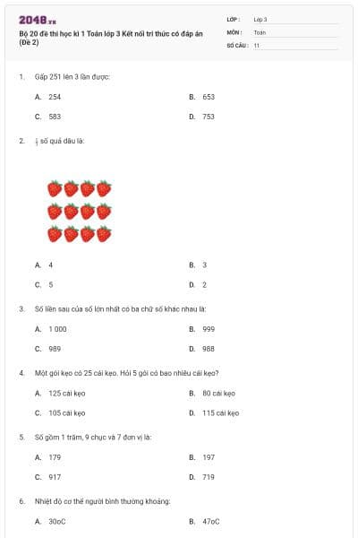 Bộ 20 đề thi học kì 1 Toán lớp 3 Kết nối tri thức có đáp án (Đề 2)