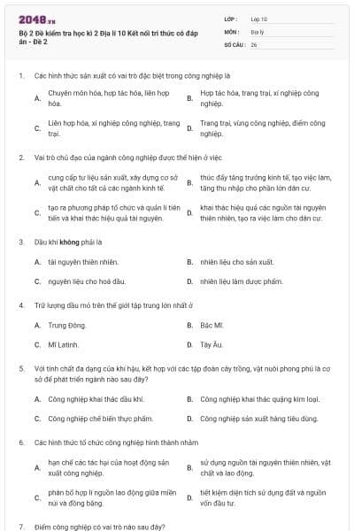 Bộ 2 Đề kiểm tra học kì 2 Địa lí 10 Kết nối tri thức có đáp án - Đề 2