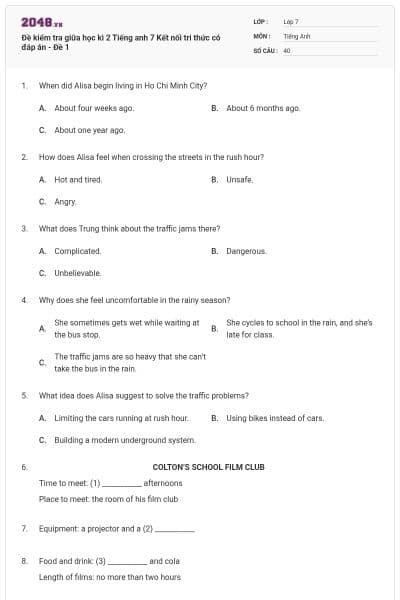 Đề kiểm tra giữa học kì 2 Tiếng anh 7 Kết nối tri thức có đáp án - Đề 1