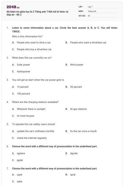 Đề kiểm tra giữa học kì 2 Tiếng anh 7 Kết nối tri thức có đáp án - Đề 2