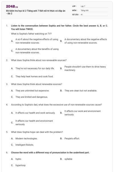 Đề kiểm tra học kì 2 Tiếng anh 7 Kết nối tri thức có đáp án - Đề 2