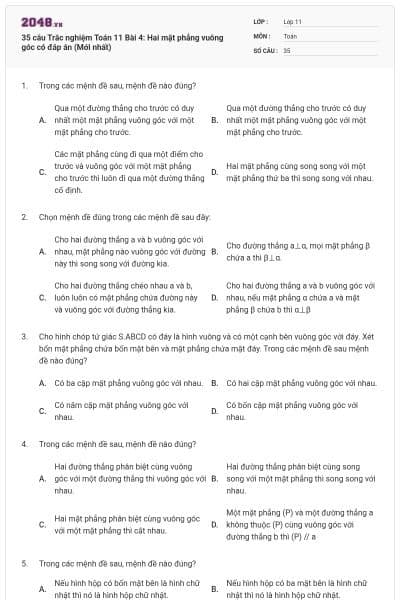 35 câu Trắc nghiệm Toán 11 Bài 4: Hai mặt phẳng vuông góc có đáp án (Mới nhất)