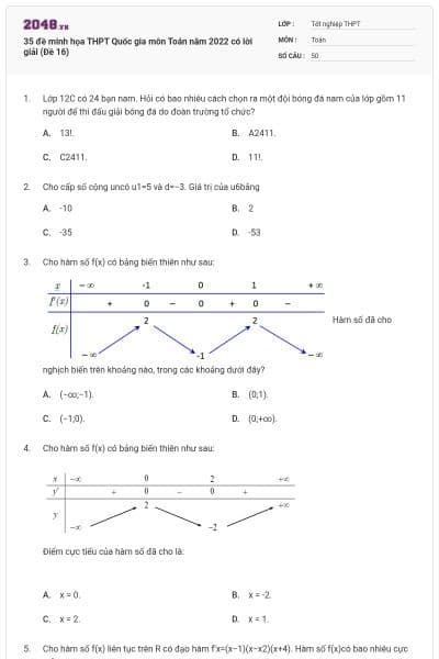 35 đề minh họa THPT Quốc gia môn Toán năm 2022 có lời giải (Đề 16)