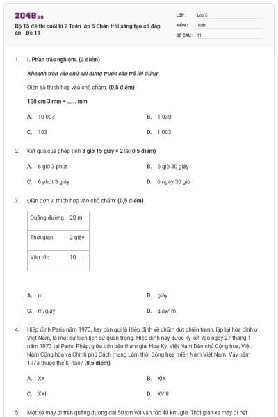 Bộ 15 đề thi cuối kì 2 Toán lớp 5 Chân trời sáng tạo có đáp án - Đề 11
