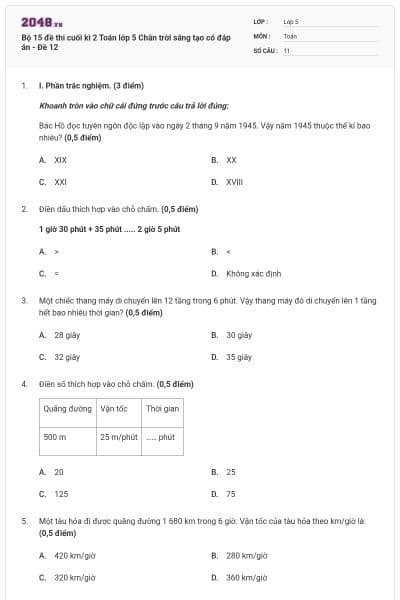 Bộ 15 đề thi cuối kì 2 Toán lớp 5 Chân trời sáng tạo có đáp án - Đề 12