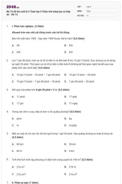 Bộ 15 đề thi cuối kì 2 Toán lớp 5 Chân trời sáng tạo có đáp án - Đề 13