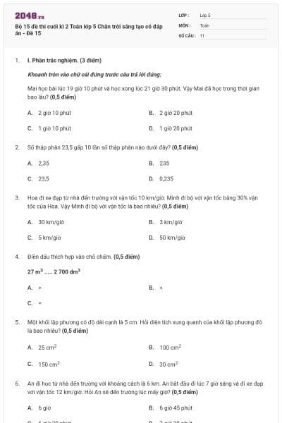 Bộ 15 đề thi cuối kì 2 Toán lớp 5 Chân trời sáng tạo có đáp án - Đề 15