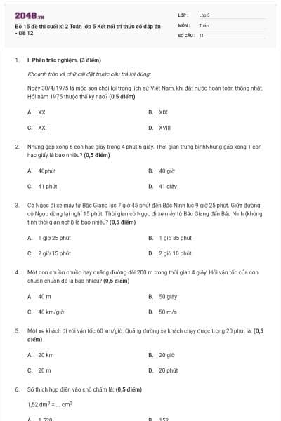 Bộ 15 đề thi cuối kì 2 Toán lớp 5 Kết nối tri thức có đáp án - Đề 12