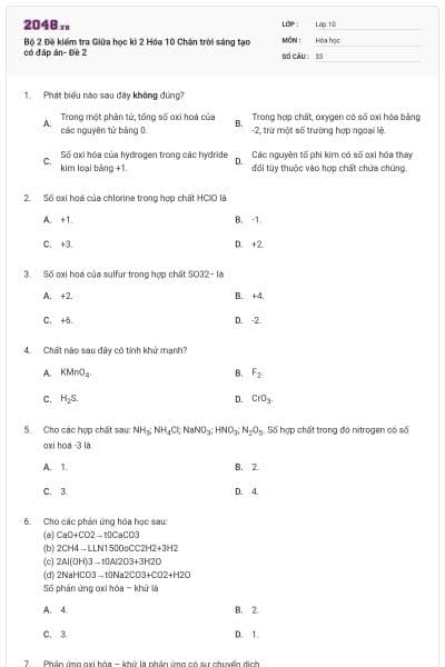 Bộ 2 Đề kiểm tra Giữa học kì 2 Hóa 10 Chân trời sáng tạo có đáp án- Đề 2