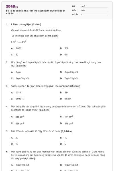 Bộ 15 đề thi cuối kì 2 Toán lớp 5 Kết nối tri thức có đáp án - Đề 14