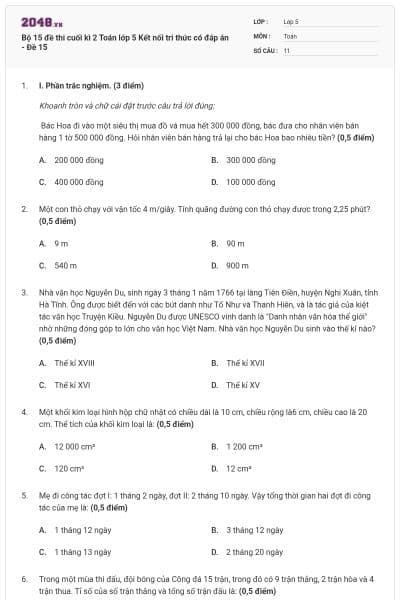 Bộ 15 đề thi cuối kì 2 Toán lớp 5 Kết nối tri thức có đáp án - Đề 15