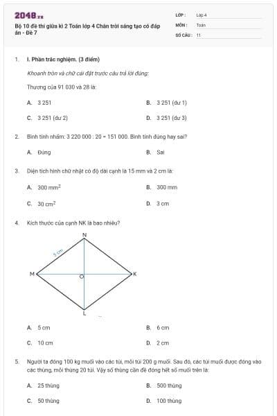 Bộ 10 đề thi giữa kì 2 Toán lớp 4 Chân trời sáng tạo có đáp án - Đề 7