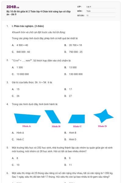 Bộ 10 đề thi giữa kì 2 Toán lớp 4 Chân trời sáng tạo có đáp án - Đề 9