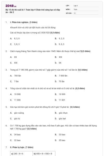 Bộ 15 đề thi cuối kì 1 Toán lớp 4 Chân trời sáng tạo có đáp án - Đề 2