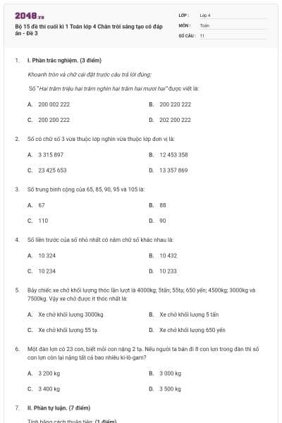 Bộ 15 đề thi cuối kì 1 Toán lớp 4 Chân trời sáng tạo có đáp án - Đề 3