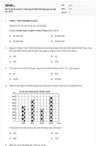 Bộ 15 đề thi cuối kì 1 Toán lớp 4 Chân trời sáng tạo có đáp án - Đề 7