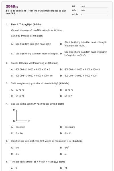 Bộ 15 đề thi cuối kì 1 Toán lớp 4 Chân trời sáng tạo có đáp án - Đề 8