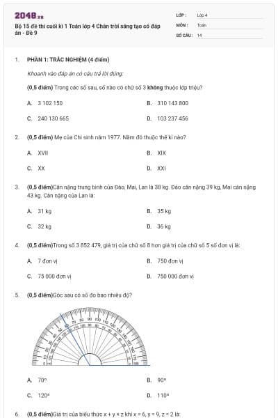 Bộ 15 đề thi cuối kì 1 Toán lớp 4 Chân trời sáng tạo có đáp án - Đề 9