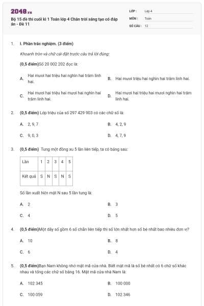 Bộ 15 đề thi cuối kì 1 Toán lớp 4 Chân trời sáng tạo có đáp án - Đề 11