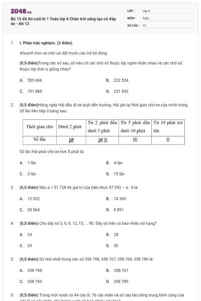 Bộ 15 đề thi cuối kì 1 Toán lớp 4 Chân trời sáng tạo có đáp án - Đề 12