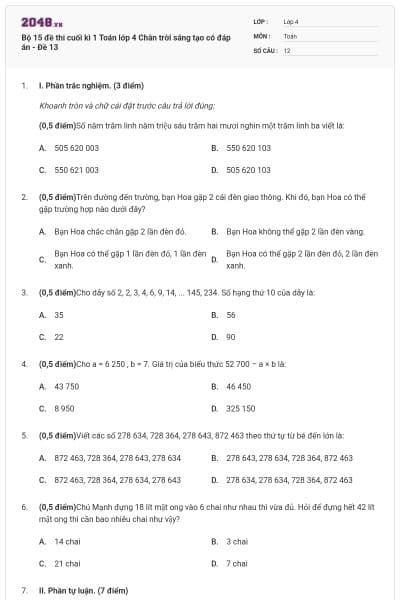Bộ 15 đề thi cuối kì 1 Toán lớp 4 Chân trời sáng tạo có đáp án - Đề 13