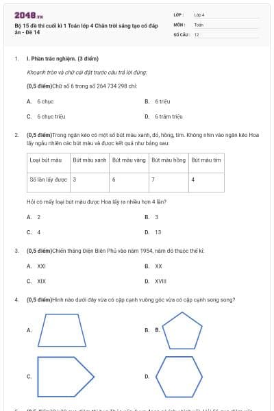 Bộ 15 đề thi cuối kì 1 Toán lớp 4 Chân trời sáng tạo có đáp án - Đề 14