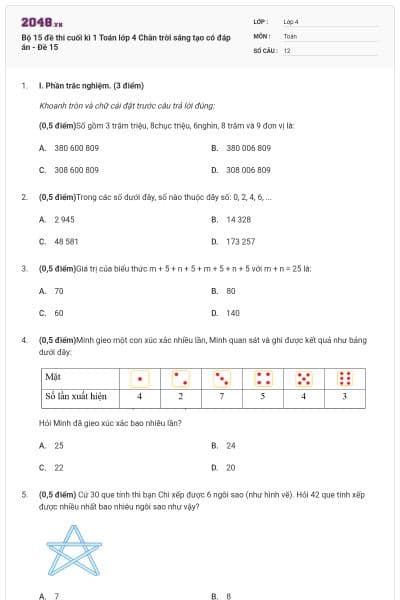 Bộ 15 đề thi cuối kì 1 Toán lớp 4 Chân trời sáng tạo có đáp án - Đề 15