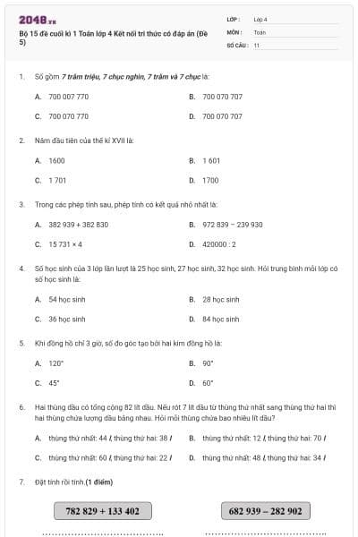 Bộ 15 đề cuối kì 1 Toán lớp 4 Kết nối tri thức có đáp án (Đề 5)