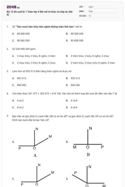 Bộ 15 đề cuối kì 1 Toán lớp 4 Kết nối tri thức có đáp án (Đề 8)