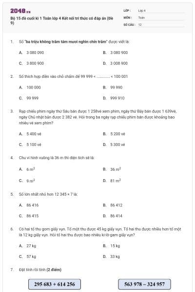 Bộ 15 đề cuối kì 1 Toán lớp 4 Kết nối tri thức có đáp án (Đề 9)
