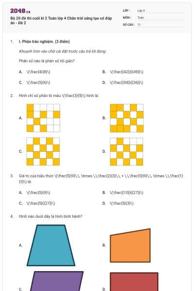 Bộ 20 đề thi cuối kì 2 Toán lớp 4 Chân trời sáng tạo có đáp án - Đề 2