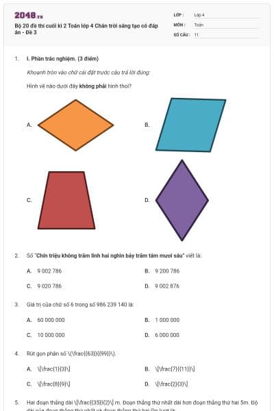 Bộ 20 đề thi cuối kì 2 Toán lớp 4 Chân trời sáng tạo có đáp án - Đề 3