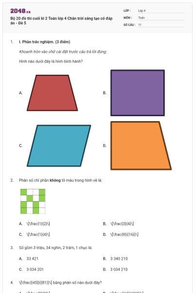 Bộ 20 đề thi cuối kì 2 Toán lớp 4 Chân trời sáng tạo có đáp án - Đề 5