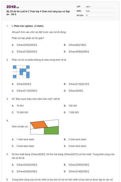 Bộ 20 đề thi cuối kì 2 Toán lớp 4 Chân trời sáng tạo có đáp án - Đề 6