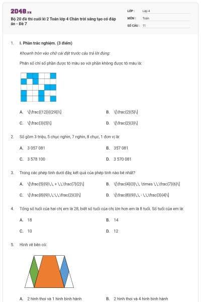 Bộ 20 đề thi cuối kì 2 Toán lớp 4 Chân trời sáng tạo có đáp án - Đề 7