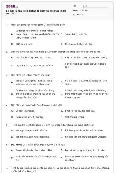 Bộ 4 đề thi cuối kì 2 Sinh học 10 Chân trời sáng tạo có đáp án - Đề 2