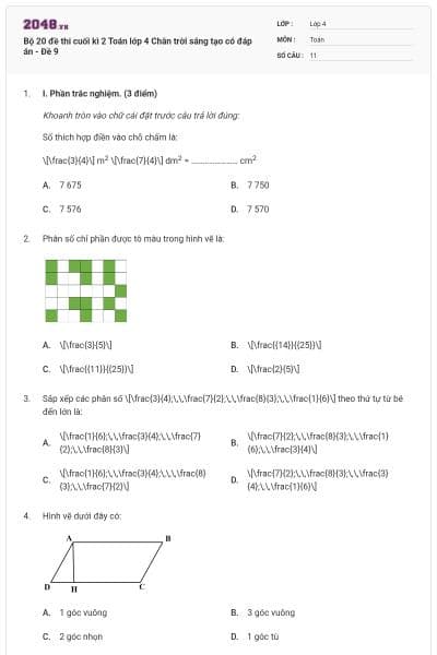 Bộ 20 đề thi cuối kì 2 Toán lớp 4 Chân trời sáng tạo có đáp án - Đề 9