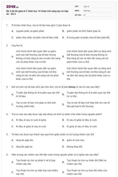 Bộ 4 đề thi giữa kì 2 Sinh học 10 Chân trời sáng tạo có đáp án - Đề 2