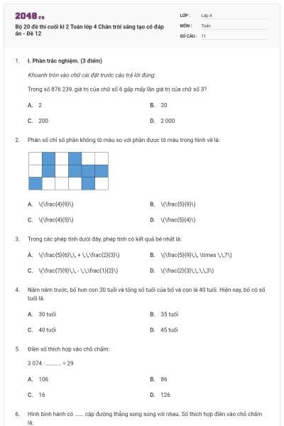 Bộ 20 đề thi cuối kì 2 Toán lớp 4 Chân trời sáng tạo có đáp án - Đề 12