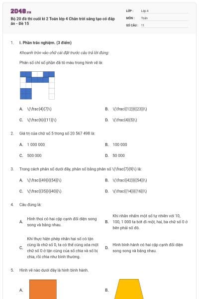 Bộ 20 đề thi cuối kì 2 Toán lớp 4 Chân trời sáng tạo có đáp án - Đề 15