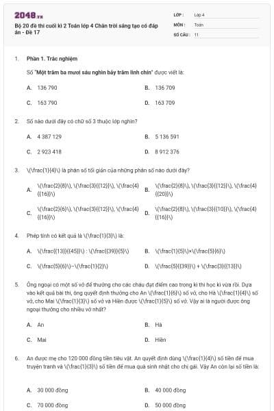 Bộ 20 đề thi cuối kì 2 Toán lớp 4 Chân trời sáng tạo có đáp án - Đề 17