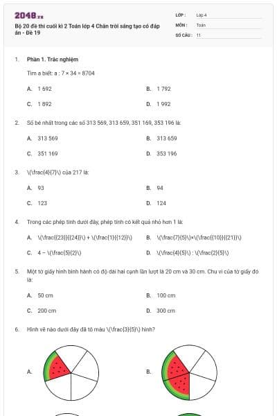 Bộ 20 đề thi cuối kì 2 Toán lớp 4 Chân trời sáng tạo có đáp án - Đề 19