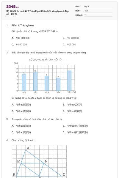 Bộ 20 đề thi cuối kì 2 Toán lớp 4 Chân trời sáng tạo có đáp án - Đề 20