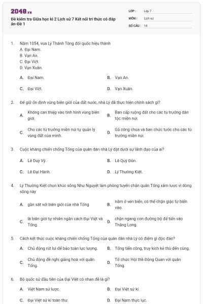 Đề kiểm tra Giữa học kì 2 Lịch sử 7 Kết nối tri thức có đáp án-Đề 1