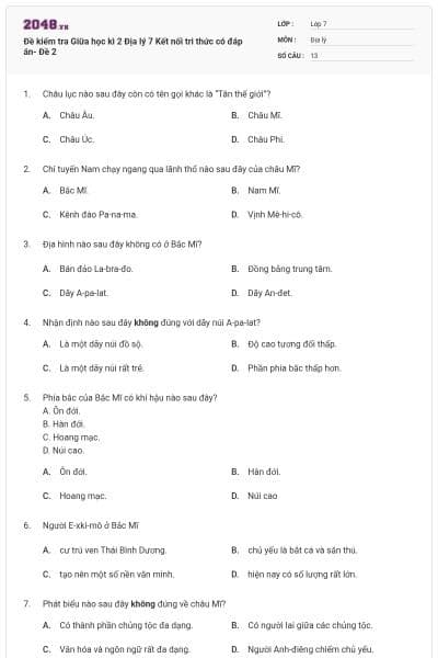 Đề kiểm tra Giữa học kì 2 Địa lý 7 Kết nối tri thức có đáp án- Đề 2