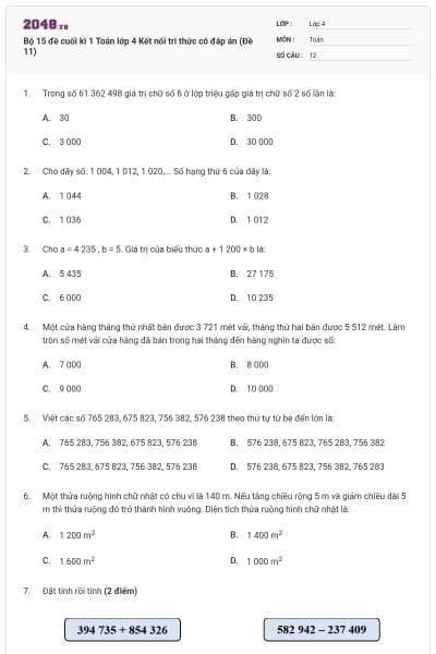 Bộ 15 đề cuối kì 1 Toán lớp 4 Kết nối tri thức có đáp án (Đề 11)
