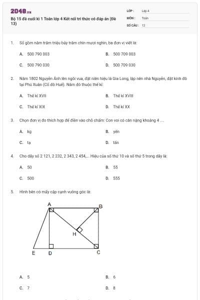Bộ 15 đề cuối kì 1 Toán lớp 4 Kết nối tri thức có đáp án (Đề 13)